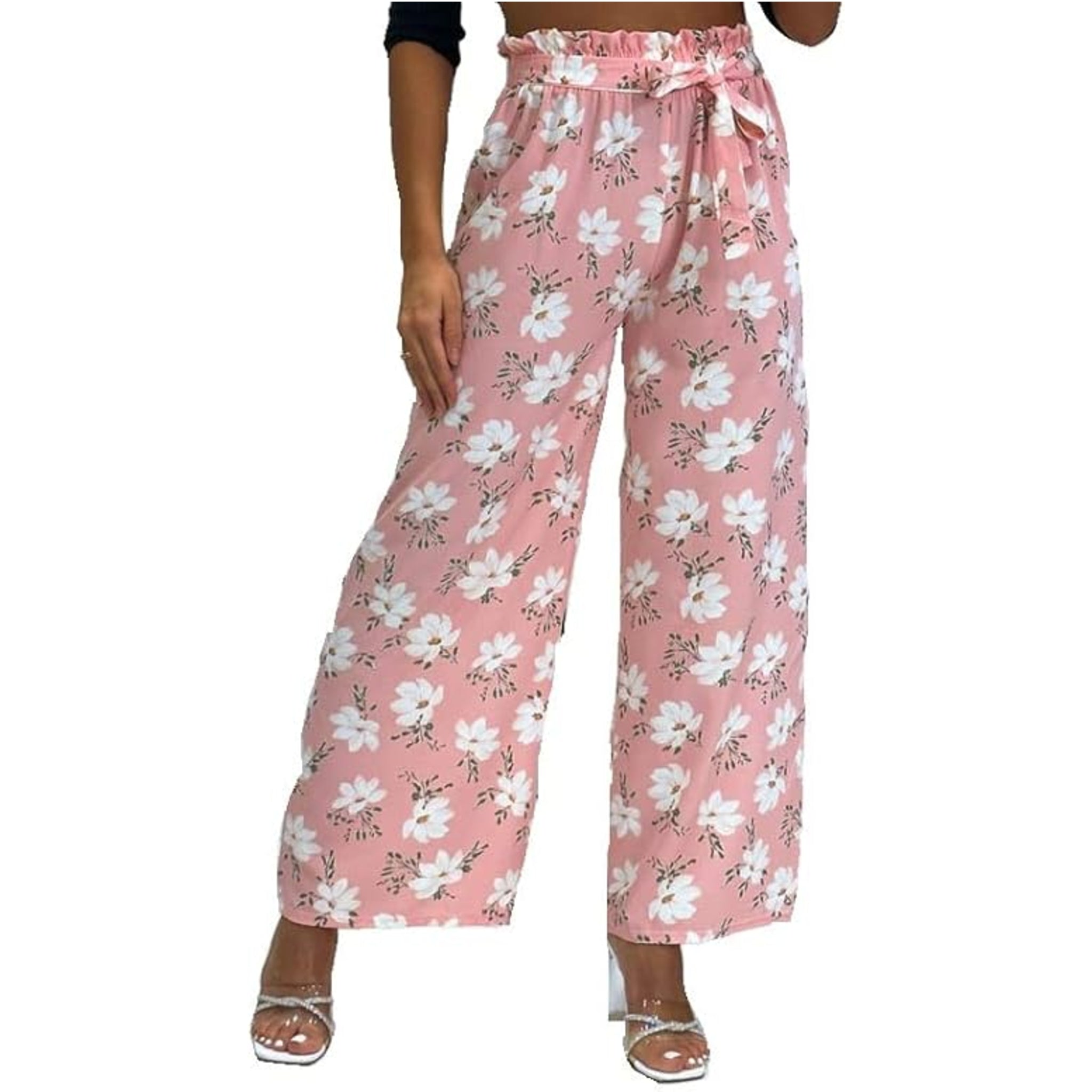 Ladies pink floral summer trousers wide leg lightweight casual holiday pants with belt